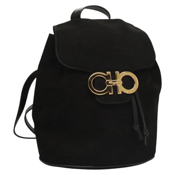 Salvatore Ferragamo Gancini Backpack Suede Black Gold Auth 119454 - Picture 1 of 16